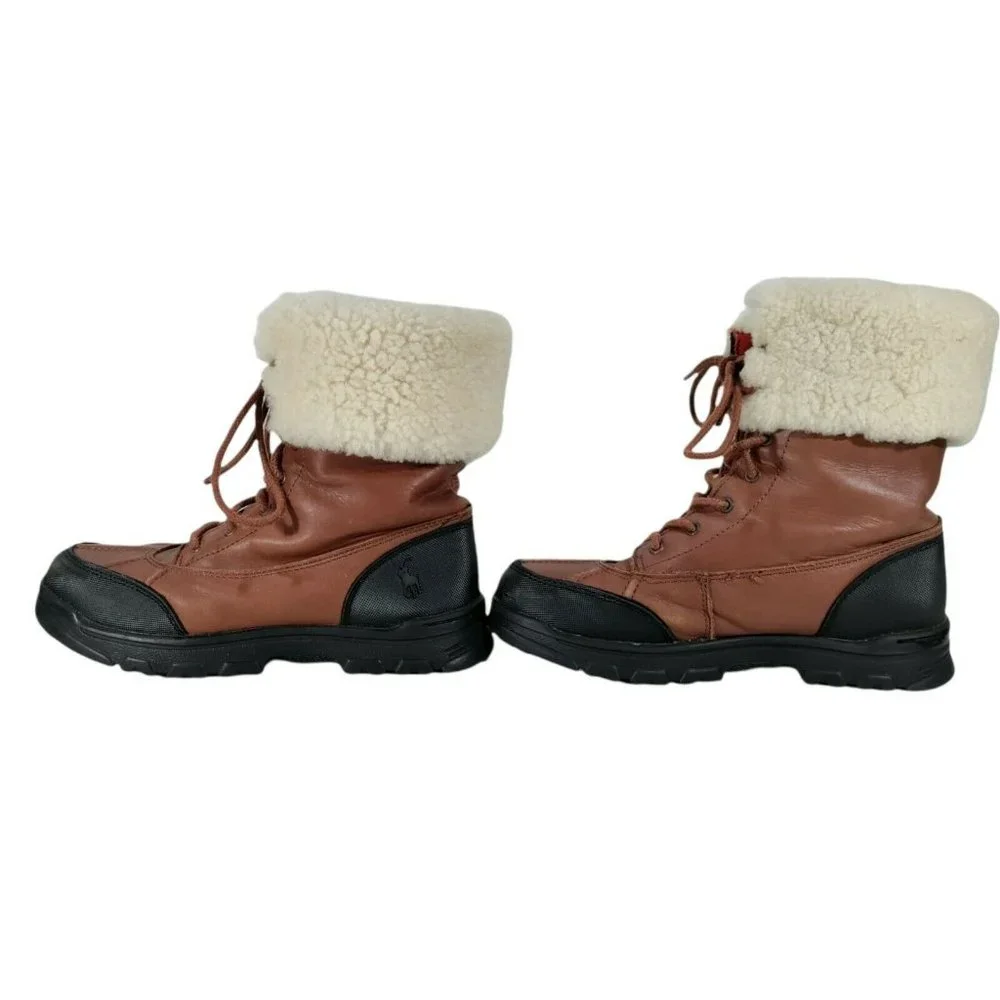Polo Ralph Lauren Kids Snow Boots 2 Insulated Lace Up Brown Leather Sherpa